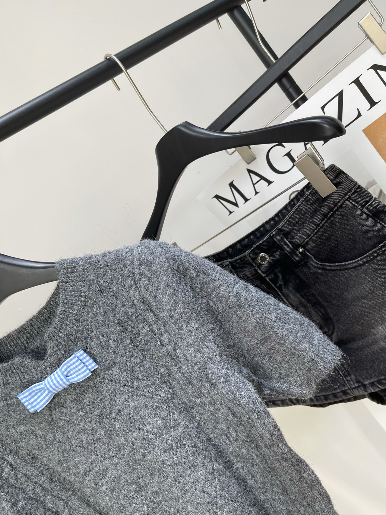 【Her灰色蓝格领结针织短袖】🔺，面料：羊毛混纺颜色：灰色HERLIAN GIRLS｜ 俏皮元气少女感满