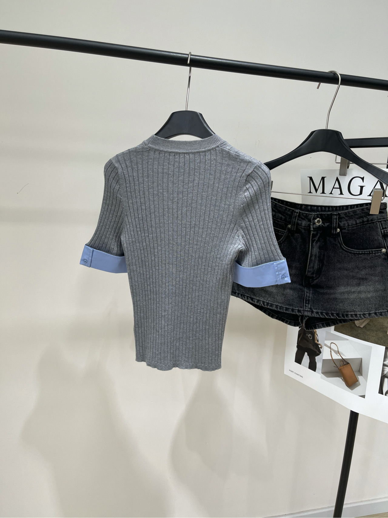 【sdr灰色衬衫袖针织上衣】🔺，面料：羊毛混纺颜色：灰色🆕Sandr* 25Fw早秋新款 简约修身拼接衬