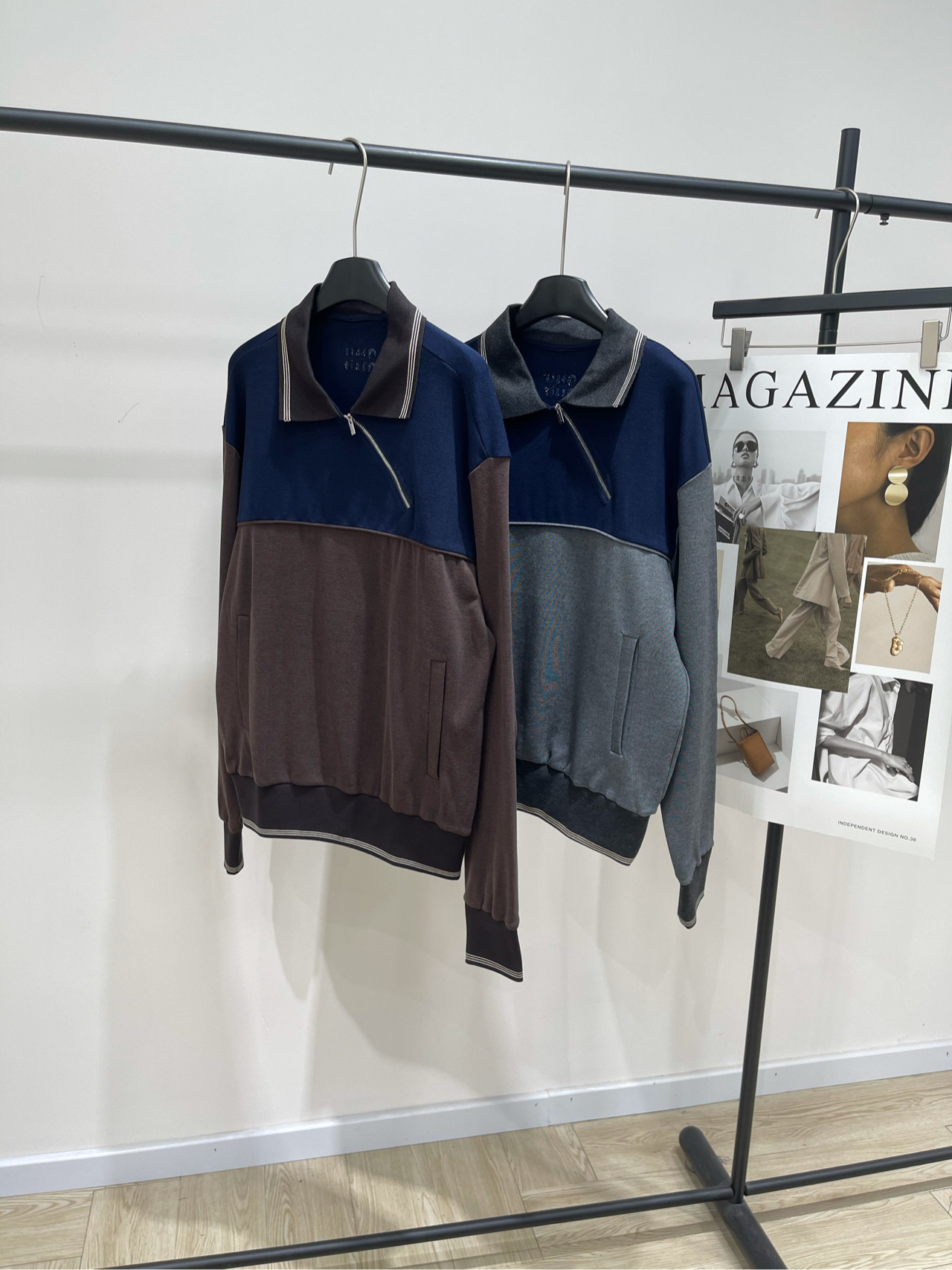 【M复古拼色斜拉链翻领卫衣】🔺，面料：棉颜色：灰色、咖色𝐌𝐈𝐔 𝐌𝐈*｜斜拉链撞色卫衣25SS早秋新款上