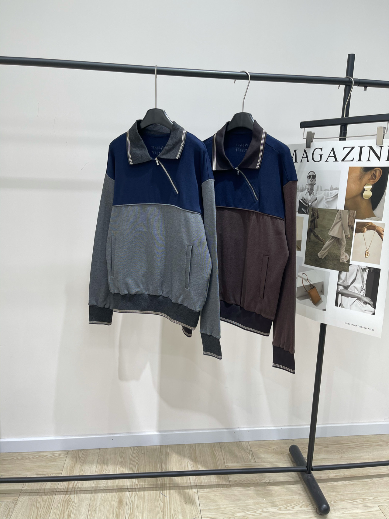 NO:487328,[M Retro Color-blocked Oblique Zipper Lapel Sweater], Fabric Cotton Color Gray, Coffee Zipper Contrast Color Sweater 25SS Early Autumn New Style!  Miu zipper contrasting color sweatshirt, contrasting color striped elements of collar, side zippers are spliced ​​with the collar, sleeves and body are contrasting color design, and the back is decorated with brand logo logo. A sweatshirt full of design sense!  Flat size S shoulder width 52, bust 106, garment length 63, sleeve length 61 M shoulder width 53, bust 110, garment length 64, sleeve length 62 L shoulder width 54, bust 114, garment length 65, sleeve length 63 Manual measurement will have 2~3cm errors within the normal range, miumiu, hoodie, sweatshirts, alexander wang19860909【M复古拼色斜拉链翻领卫衣】 ,面料棉 颜色灰色、咖色 *｜斜拉链撞色卫衣 25SS早秋新款上新！ miu斜拉链撞色卫衣 衣领撞色条纹元素 领口拼接了侧拉链 袖子和衣身采用了撞色设计 后背饰有品牌徽标logo 设计感满满的一件卫衣！ 平铺尺码 S肩宽52,胸围106,衣长63,袖长61 M肩宽53,胸围110,衣长64,袖长62 L肩宽54,胸围114,衣长65,袖长63 手工测量会有2~3cm误差属于正常范围,,miumiu,hoodie,sweatshirts,alexander wang,Women's clothing