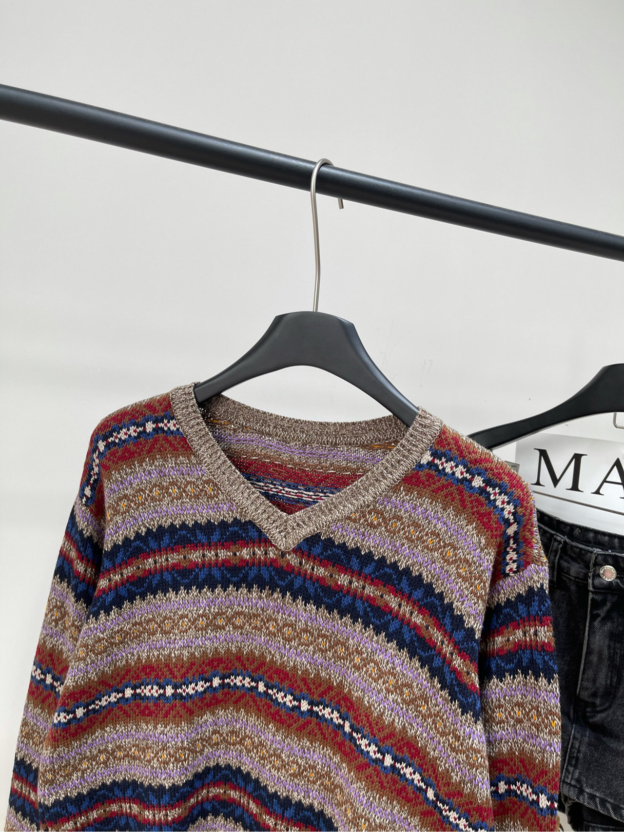 【拉夫复古费尔岛长袖V领毛衣】🔺，面料：聚酯纤维+羊毛混纺颜色：图片色✨新款重工多色提花工艺 极具北欧风