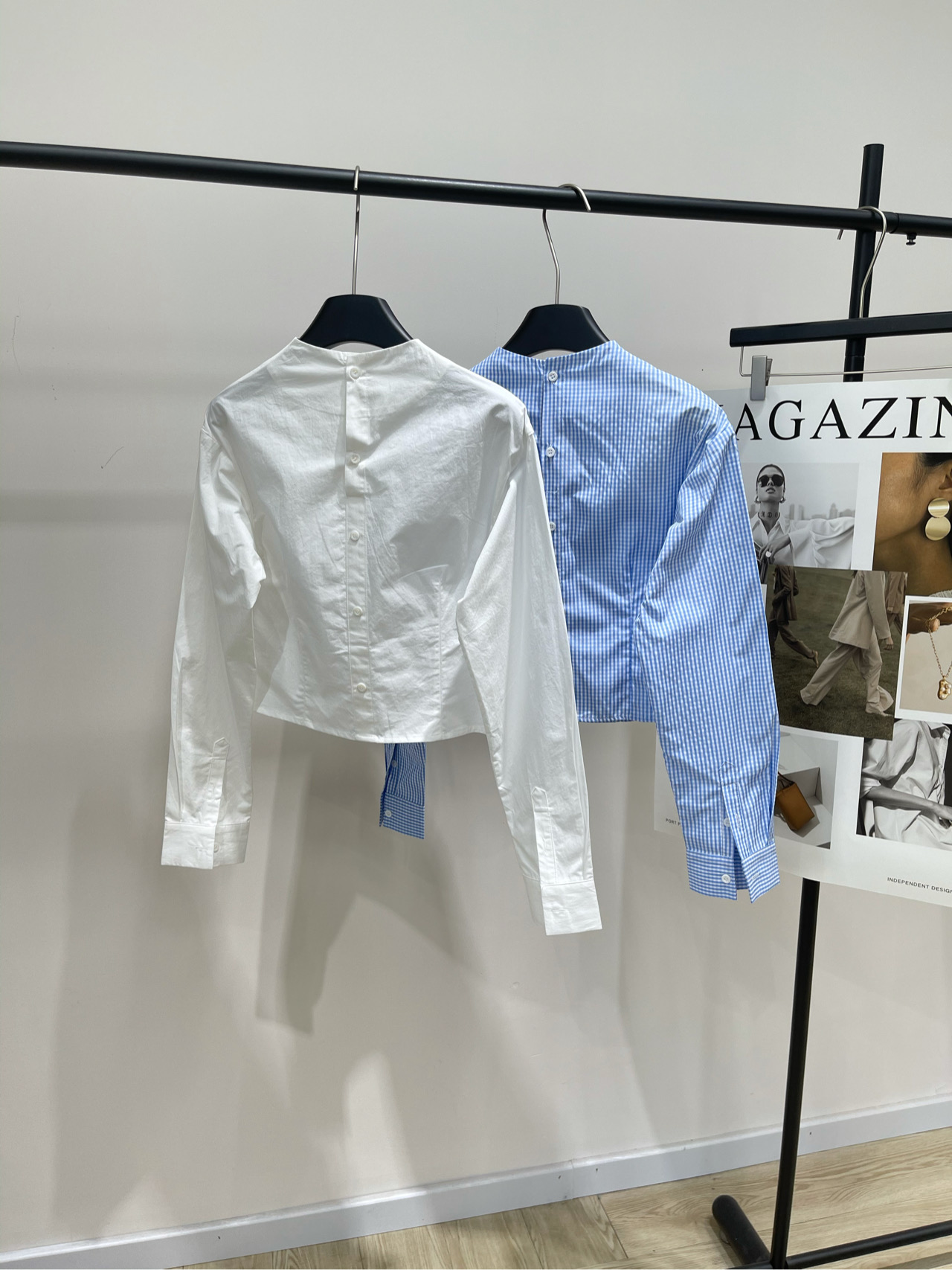 【her领结压褶学院风衬衫】🔺，面料：涤棉混纺颜色：白色、蓝格HERLIAN GIRLS｜豆蔻少女复古格