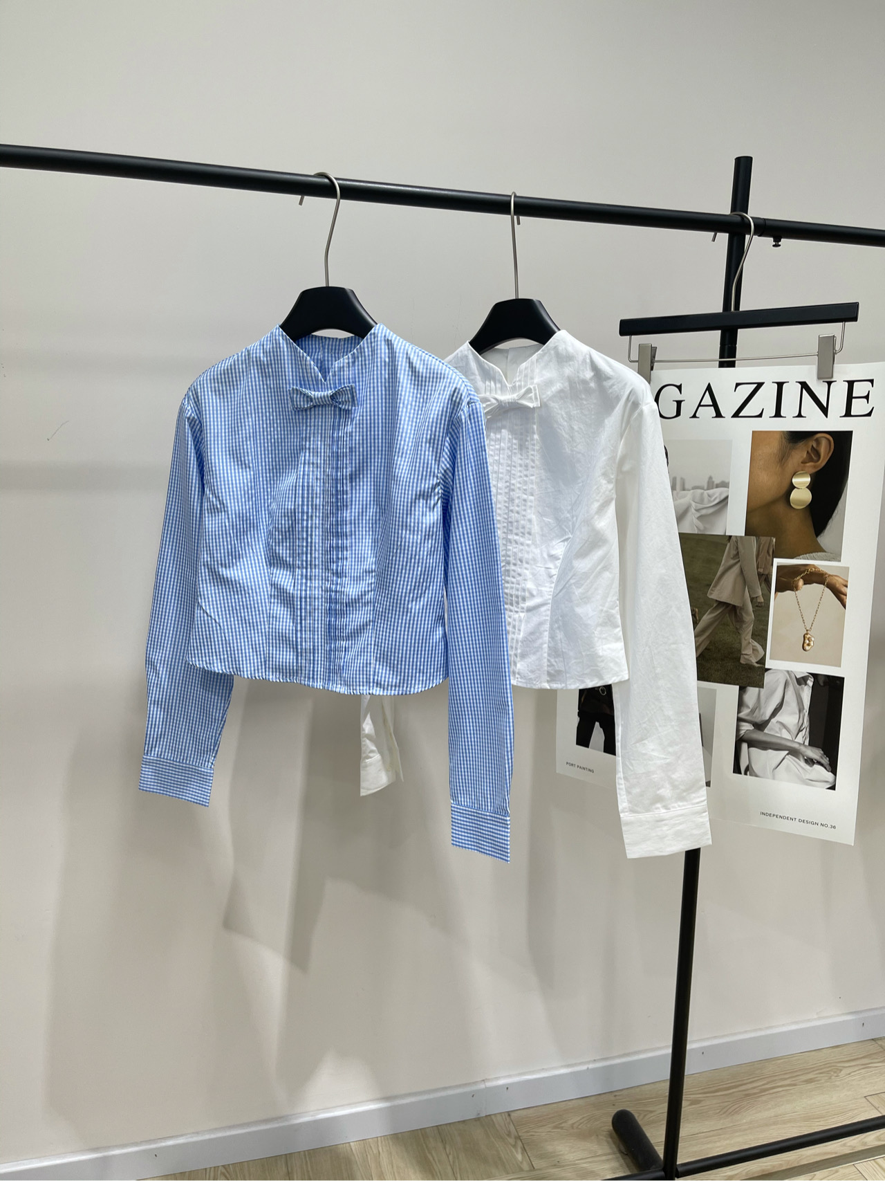 【her领结压褶学院风衬衫】🔺，面料：涤棉混纺颜色：白色、蓝格HERLIAN GIRLS｜豆蔻少女复古格