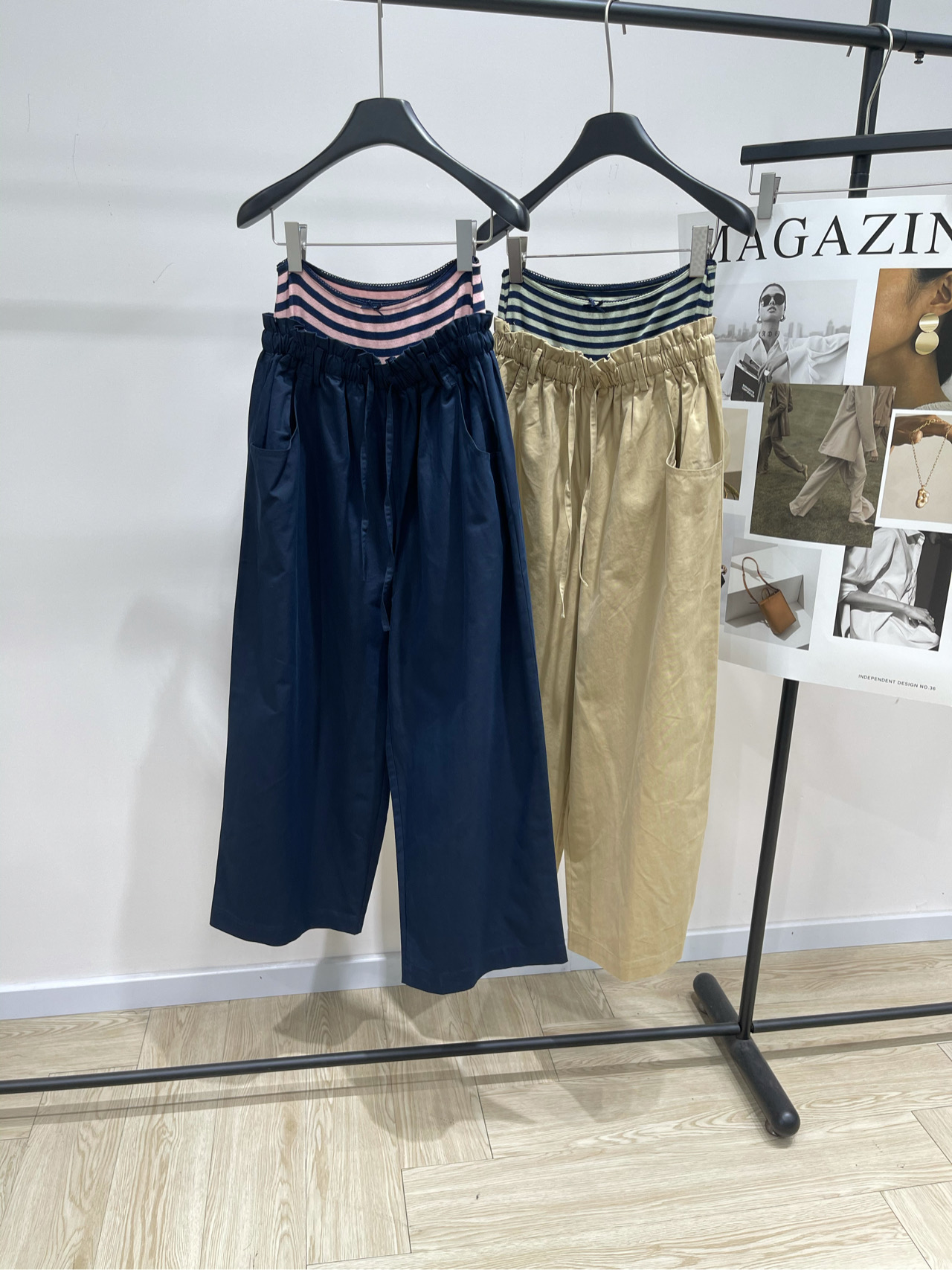 【RA彩条双腰头工装阔腿长裤】🔺，面料：棉+莱赛尔颜色：卡其色，藏蓝色RARE 25AW秋冬新款 双腰头