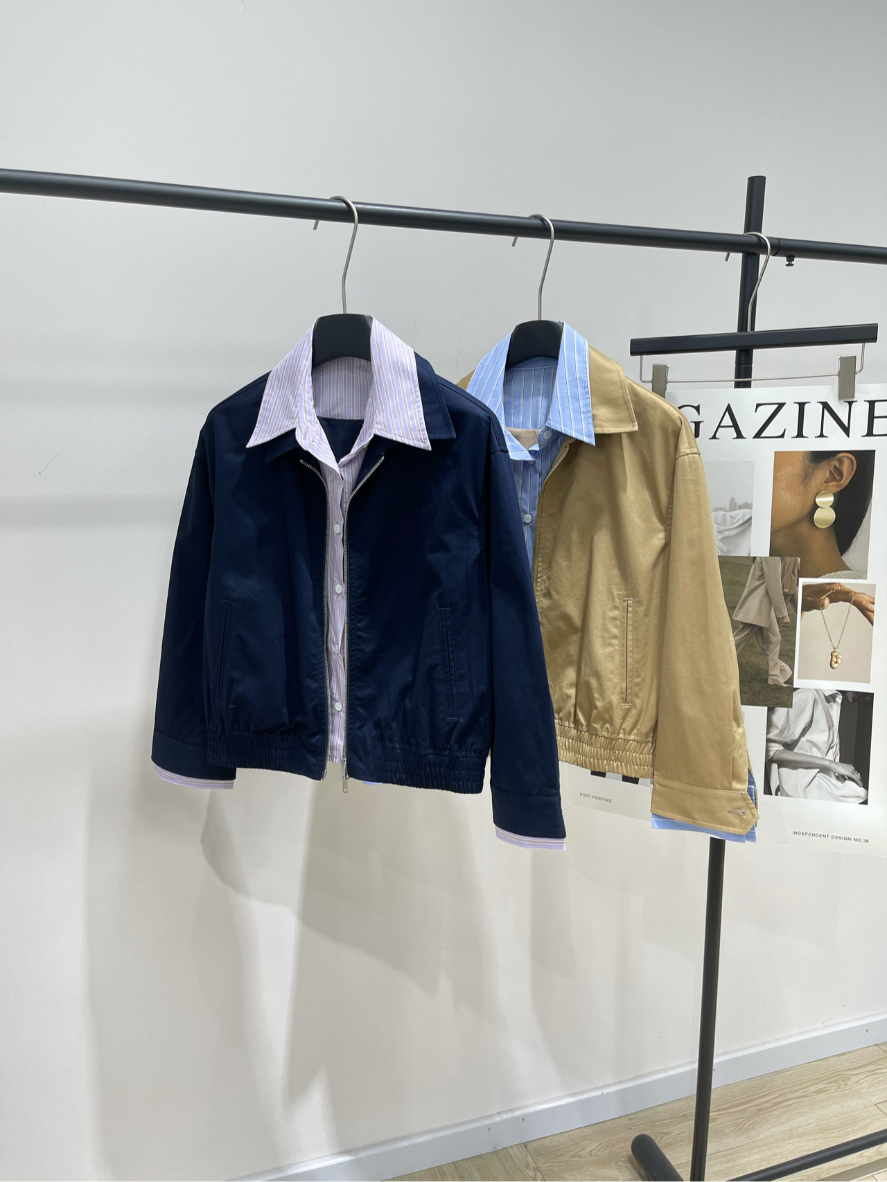 【RA撞色衬衫领假两件拉链夹克】🔺，面料：棉颜色：卡其色、藏蓝25AW秋冬新款 假两件撞色条纹衬衫翻领短