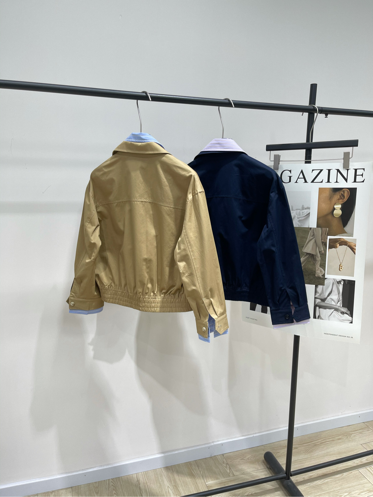 【RA撞色衬衫领假两件拉链夹克】🔺，面料：棉颜色：卡其色、藏蓝25AW秋冬新款 假两件撞色条纹衬衫翻领短