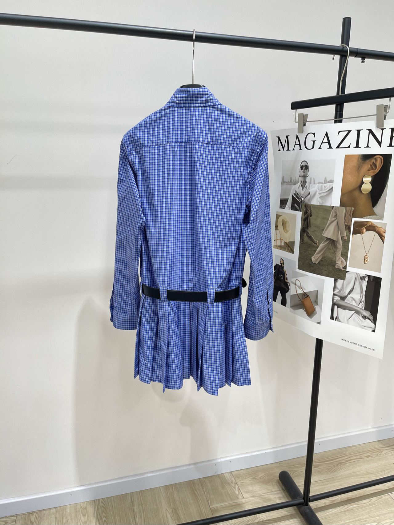 【M蓝黑细格子腰带衬衫裙】🔺，面料：全棉颜色：蓝色（配腰带）🆕MiuMi* 25Fw早秋新款 格纹收腰衬