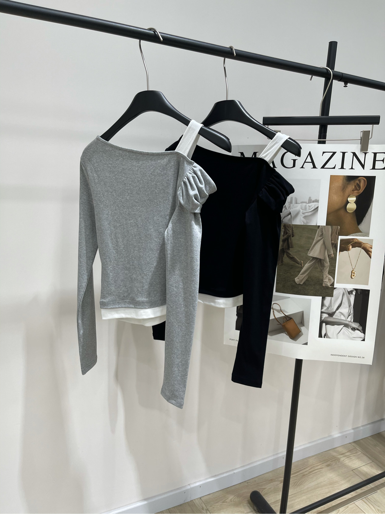 【Ann白边斜肩假两件长袖T】🔺，面料：棉+氨纶颜色：灰色、黑色25AW 徽标露锁骨斜肩假两件长袖打底衫