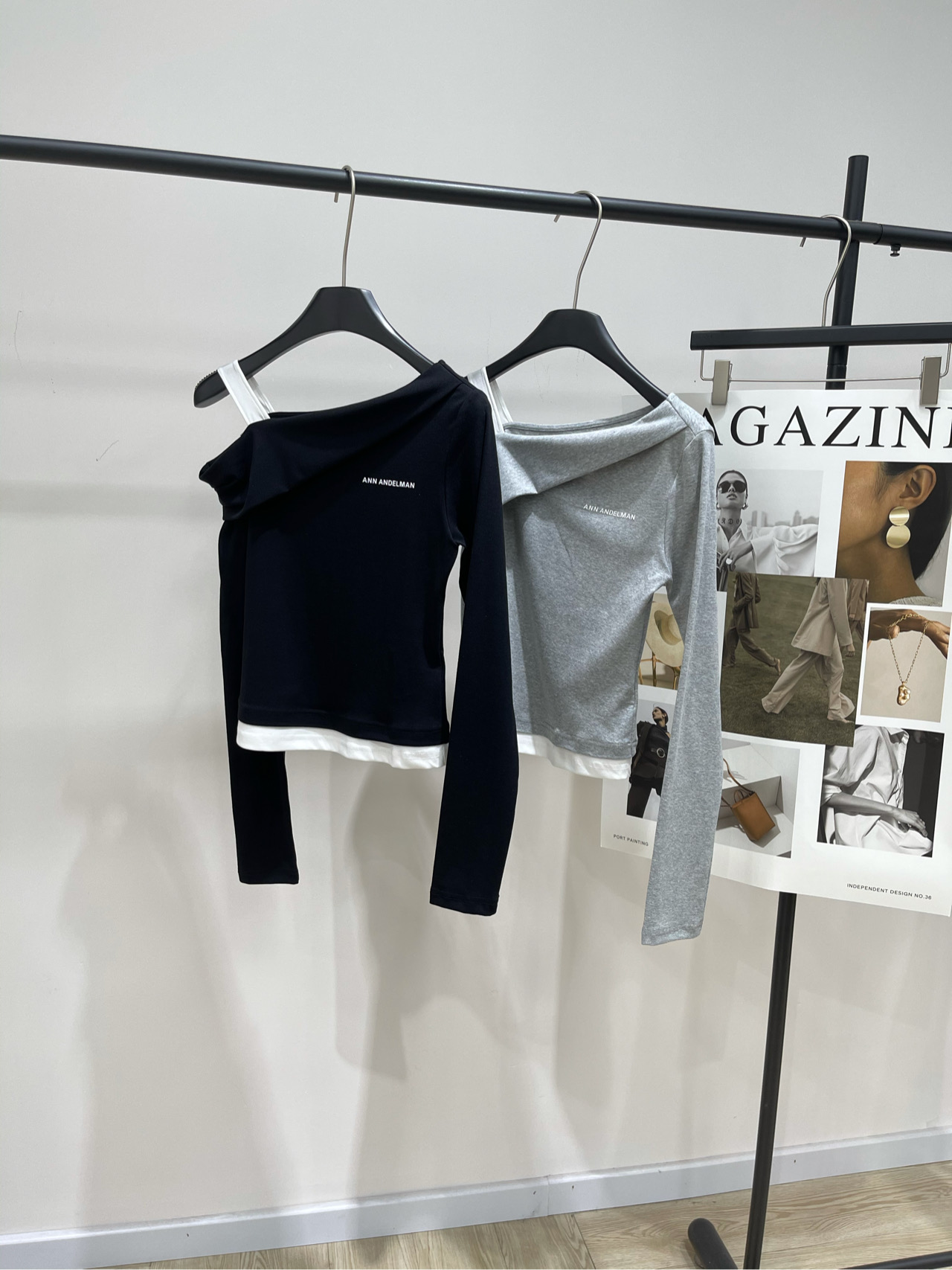 【Ann白边斜肩假两件长袖T】🔺，面料：棉+氨纶颜色：灰色、黑色25AW 徽标露锁骨斜肩假两件长袖打底衫