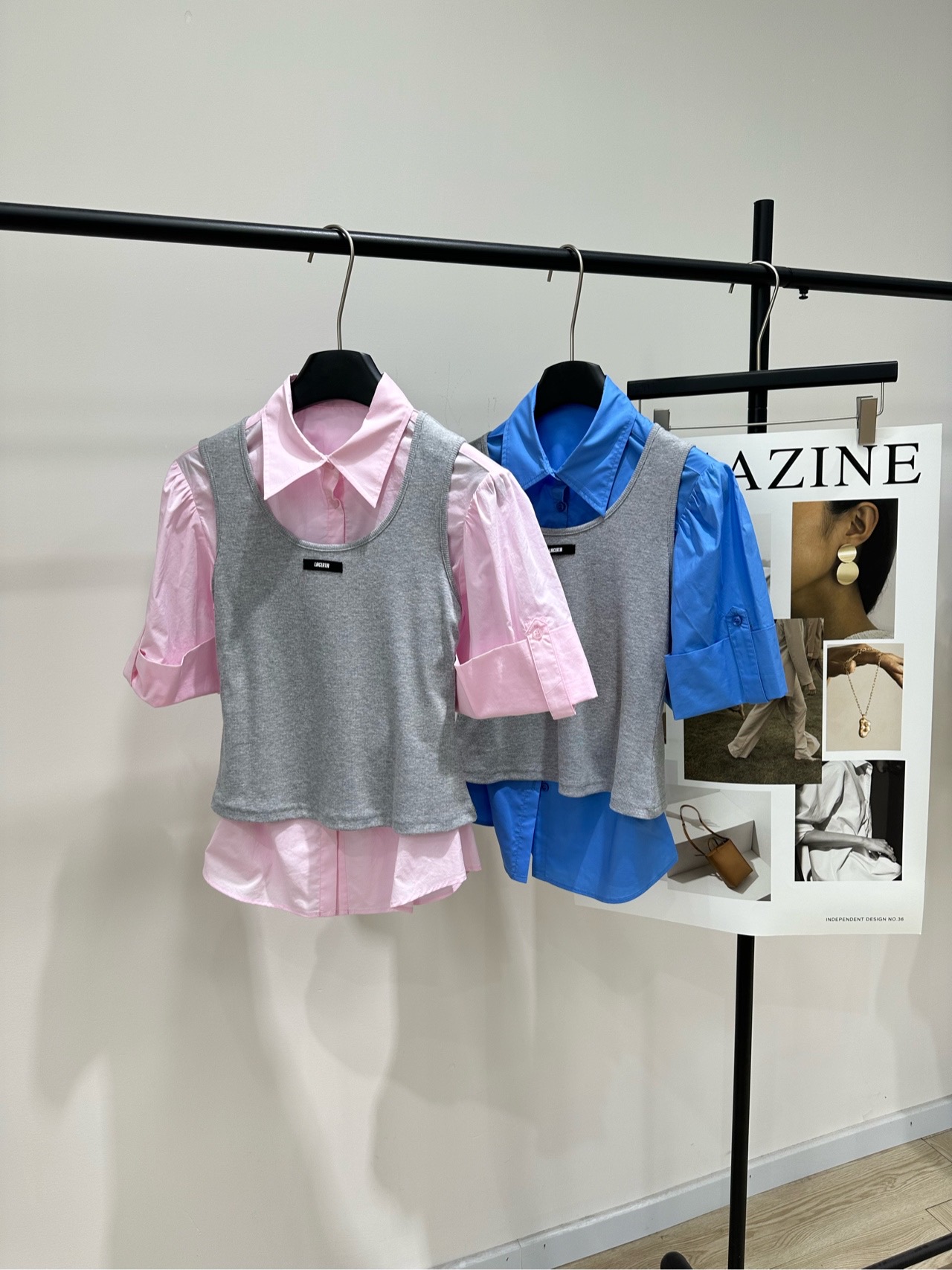NO:792516,[LA pink blue short-sleeved shirt and vest two-piece set], fabric cotton + spandex, color pink, blue LACERTA 26SS college style knitted vest two-piece set, including gray knitted vest + pink short-sleeved shirt, classic lapel design, perfect sweet and fresh style. The knitted vest is soft and close-fitting, super comfortable to wear in spring and summer. The pink shirt is light and breathable, with cuff pleat details that are super layered. It can be easily used for daily commuting and leisure. Pair it with a high-waisted skirt or boots for an elegant and playful look!  Must-have Korean preppy style shirt flat size S shoulder width 40, bust 92, length 61, sleeve length 26 M shoulder width 41, bust 96, length 63, sleeve length 27 L shoulder width 42, bust 100, length 65, sleeve length 28 Vest flat size S shoulder width 31, bust 74 stretch, length 47 M shoulder width 62, bust 78 stretch, length 48  L shoulder width 33, bust 82 stretch, length 49. There will be an error of 2 to 3cm due to manual measurement, which is within the normal range, boots, skirts, shirts, T-shirts,19860909【LA粉蓝短袖衬衫背心两件套】 ,面料棉+氨纶 颜色粉色、蓝色 LACERTA 26SS学院风针织背心两件套 包含灰色针织背心+粉色短袖衬衫 经典翻领设计,甜美清新风格满分 针织背心柔软贴身,春夏穿超舒适 粉色衬衫轻薄透气,袖口褶皱细节超有层次感 日常通勤、休闲都能轻松驾驭 搭配高腰裙或长靴,优雅俏皮感直接拉满！ 韩系学院风穿搭必备 衬衫平铺尺码 S肩宽40,胸围92,衣长61,袖长26 M肩宽41,胸围96,衣长63,袖长27 L肩宽42,胸围100,衣长65,袖长28 背心平铺尺码 S肩宽31,胸围74弹力,衣长47 M肩宽62,胸围78弹力,衣长48 L肩宽33,胸围82弹力,衣长49 手工测量会有2～3cm误差属于正常范围,,boots,skirts,shirts,T-shirt,,Women's clothing