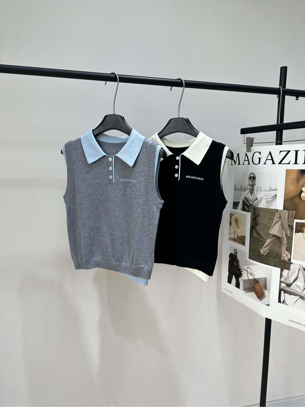 NO:799957,[Ann contrast edge polo knitted sleeveless vest], fabric wool blend, color light gray, black ANN ANDELMAN gray Polo knitted vest, soft knitted fabric, light blue contrasting Polo collar, simple and detailed, sleeveless design + slim tailoring, super refreshing for spring and summer. The short version highlights the waistline. It looks great with high-waisted pants or pleated skirts!  It is easy to control both college style and commuting style. The gray tone is versatile and not picky. It is OK for daily outings, dates, and commuting. It is a must-have and practical item for the wardrobe. Flat size S shoulder width 37, bust 78 stretch, dress length 45 M shoulder width 38, chest 82 stretch, dress length 46 L shoulder width 39, chest 86 stretch, dress length 47 There will be an error of 2 to 3cm in manual measurement, which is normal range,,skirts,19860909【Ann撞色边polo针织无袖背心】 ,面料羊毛混纺 颜色浅灰色、黑色 ANN ANDELMAN灰色Polo针织背心 柔软针织面料,浅蓝撞色Polo领 简约又有细节感 无袖设计+修身剪裁,春夏穿超清爽 短款版型凸显腰线 搭配高腰裤或百褶裙都很出彩！ 学院风、通勤风都能轻松驾驭 灰色调百搭不挑人 日常出街、约会、通勤都OK 是衣橱必备实用单品 平铺尺码 S肩宽37,胸围78弹力,衣长45 M肩宽38,胸围82弹力,衣长46 L肩宽39,胸围86弹力,衣长47 手工测量会有2～3cm误差属于正常范围,,skirts,,Women's clothing