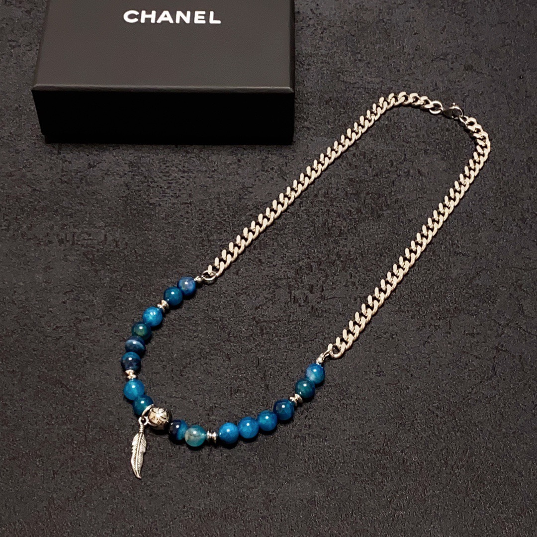 Chanel 香奈儿Chanel字母双C高级突天然海蓝宝水晶珠子项链
