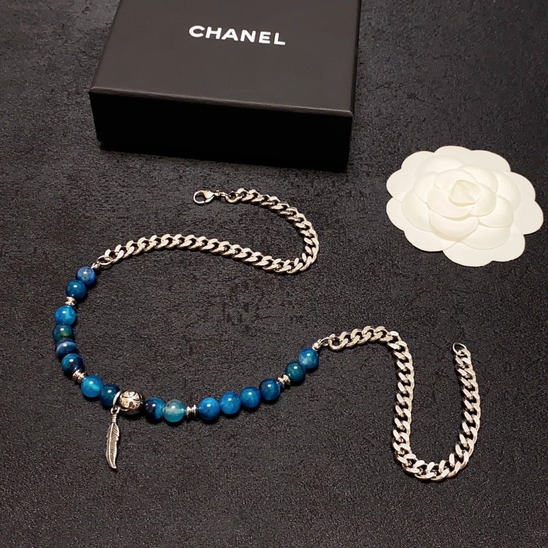 Chanel 香奈儿Chanel字母双C高级突天然海蓝宝水晶珠子项链