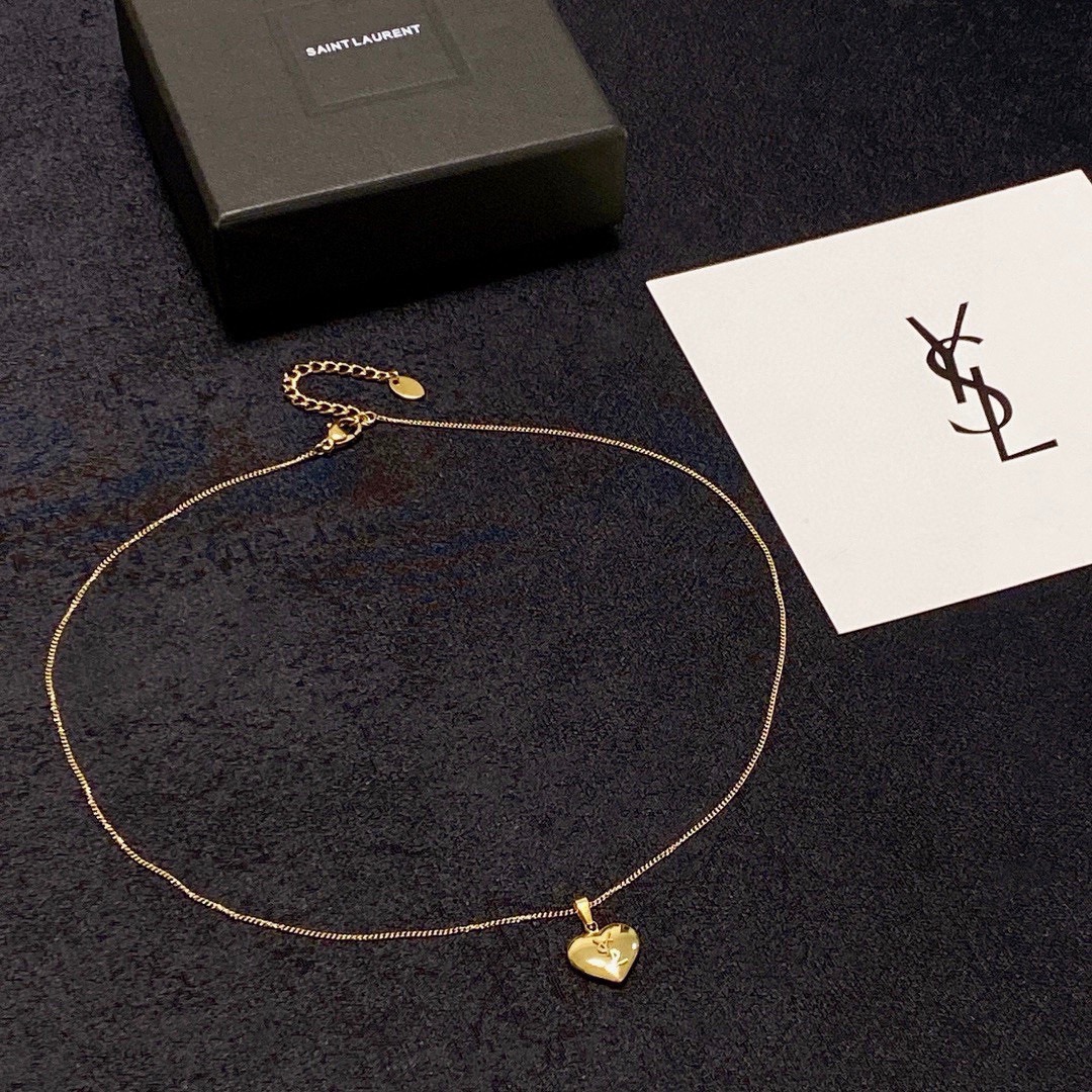 Saint Laurent YSL Monogram Heart Pendant necklace gold-tone metal 42cm with 5cm extender