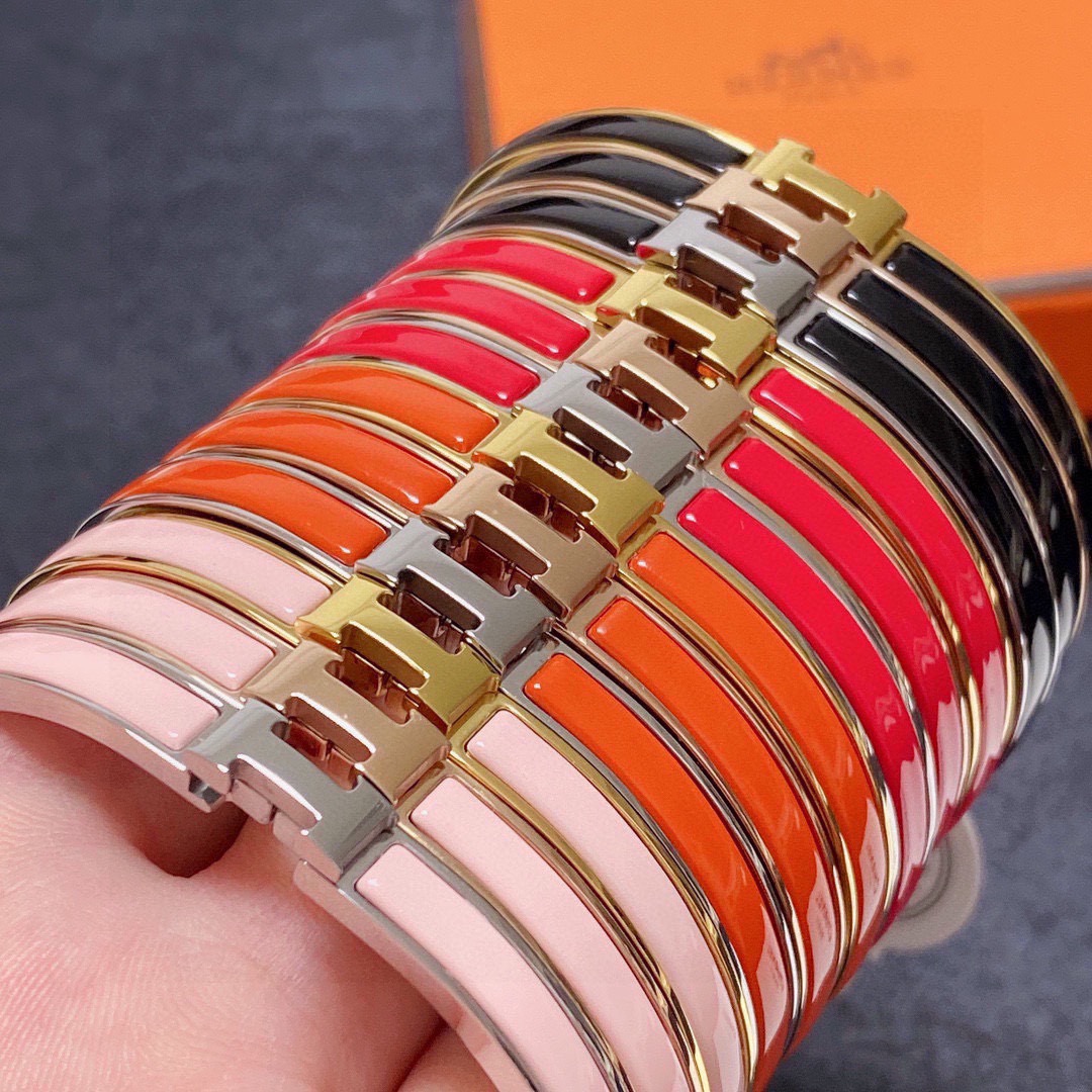 Bracelet Hermes Clic H métal doré rose et émail blanc MM