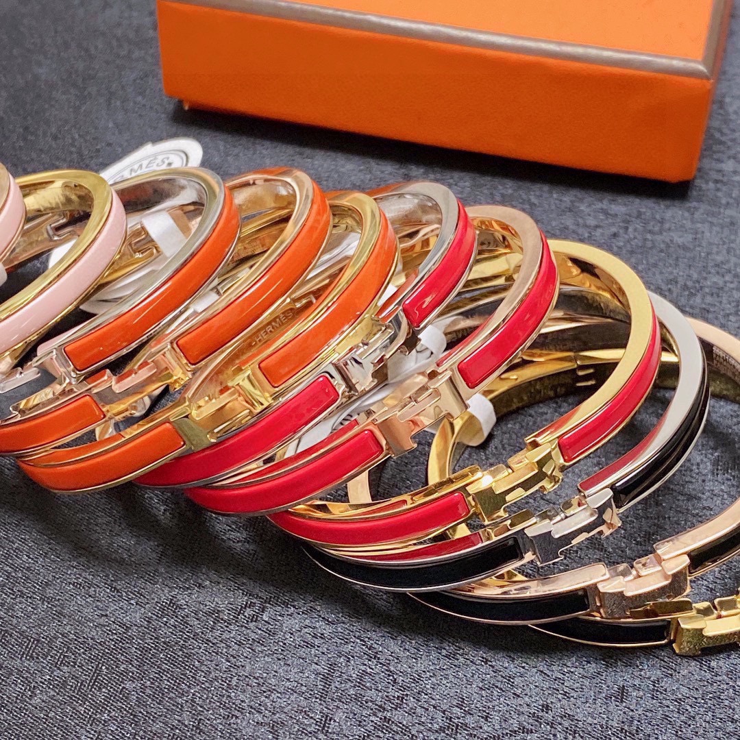 Bracelet Hermes Clic H métal doré rose et émail blanc MM