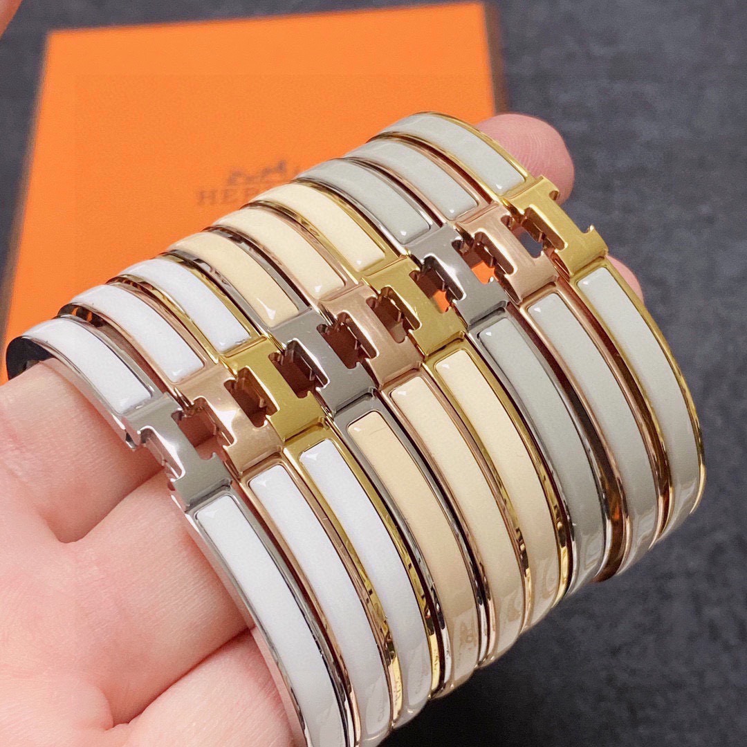 Bracelet Hermes Clic H métal doré rose et émail blanc MM
