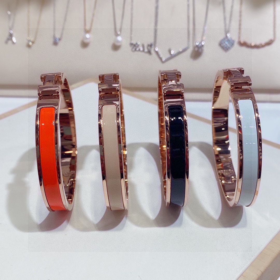 Hermes Clic H bracelet rose gold metal with black white orange beige enamel 8mm MM