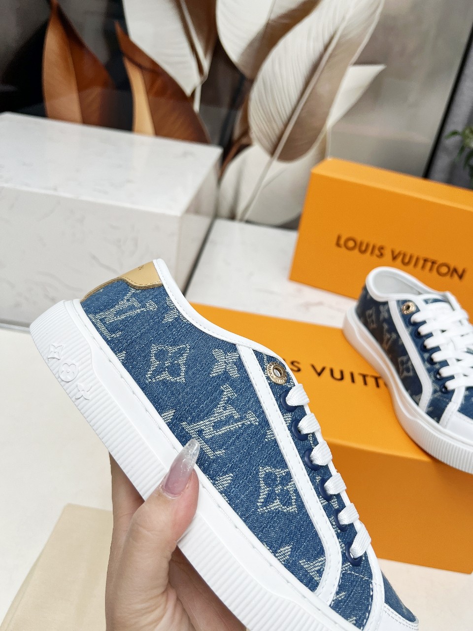 Louis Vuitton Denim Monogram Sneakers - Blue, Calf Leather, and Lambskin 6 a1742540735220 7410