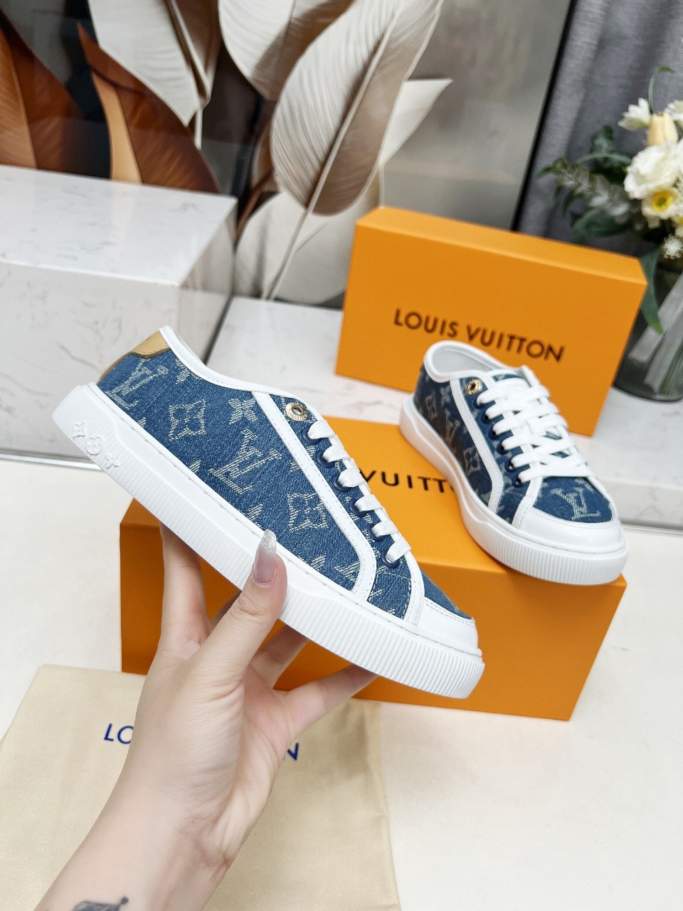 Louis Vuitton Denim Monogram Sneakers - Blue, Calf Leather, and Lambskin 3 a1742540735243 3022
