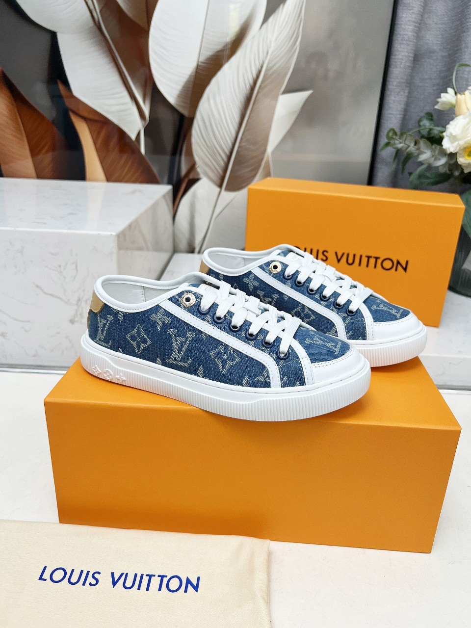 Louis Vuitton Denim Monogram Sneakers - Blue, Calf Leather, and Lambskin 2 a1742540737392 1428