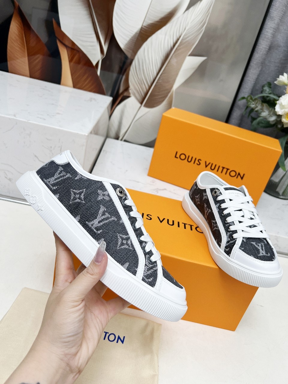 Louis Vuitton Women's Denim Monogram Print Sneakers Lace-up Casual Shoes 2 a1742540838465 0260