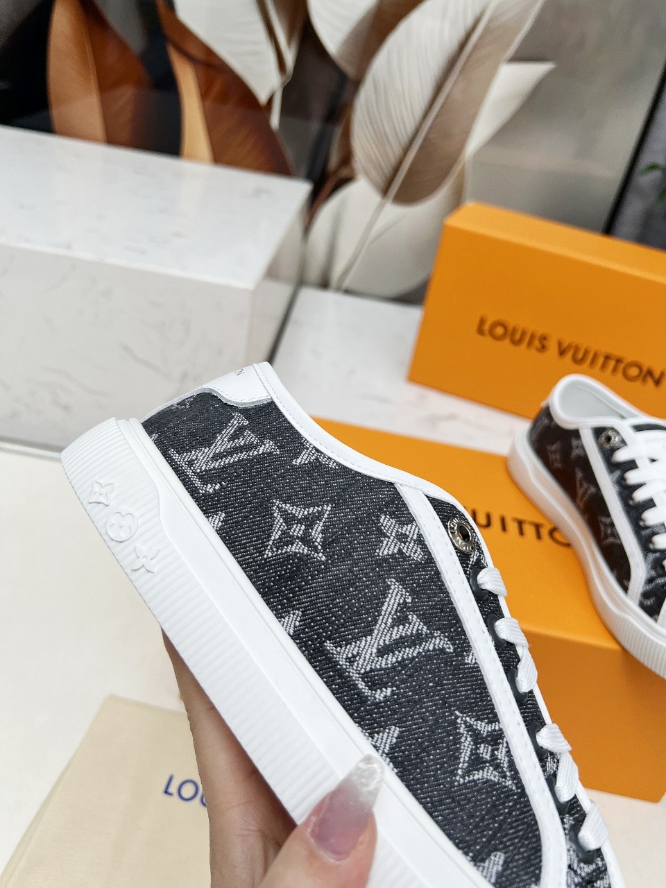Louis Vuitton Women's Denim Monogram Print Sneakers Lace-up Casual Shoes 8 a1742540840473 4301
