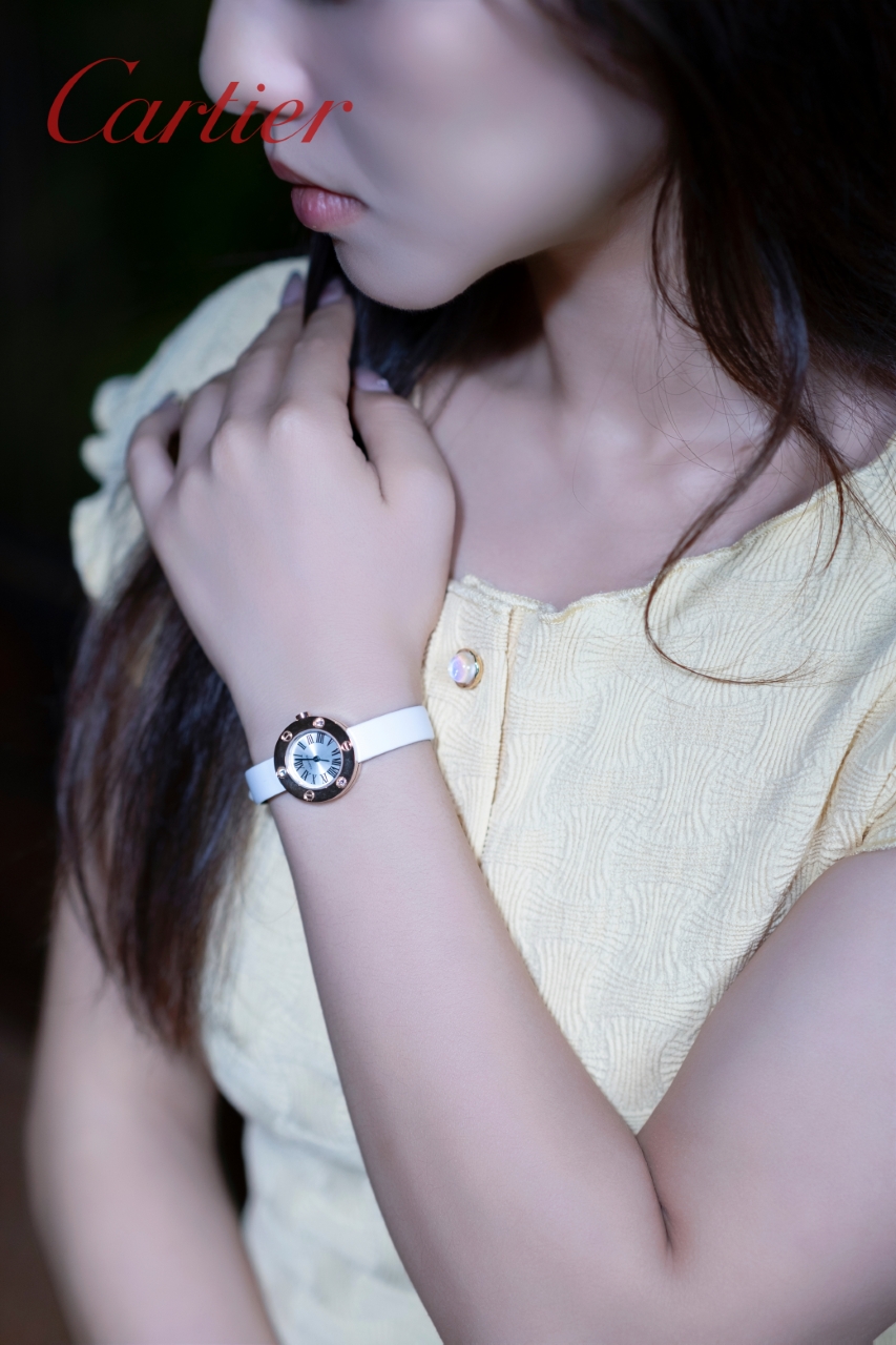 Cartier LOVE Watch rose gold case and bezel, dark dial, white leather strap 23mm Women's Quartz