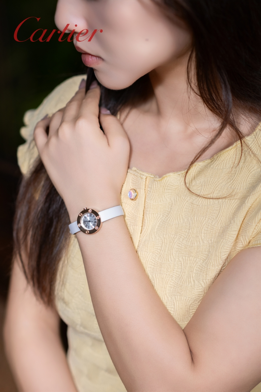 Cartier LOVE Watch rose gold case and bezel, dark dial, white leather strap 23mm Women's Quartz