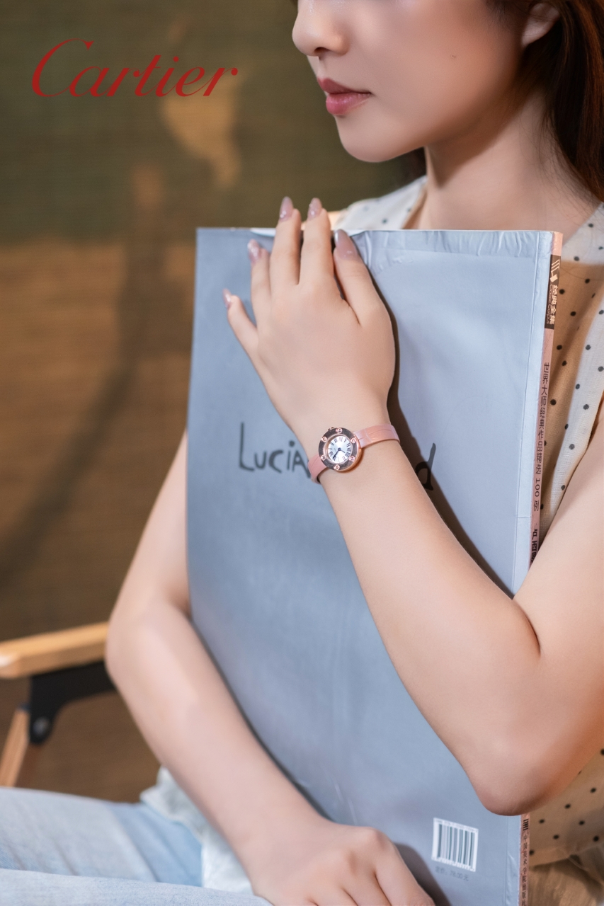 Cartier LOVE Watch rose gold case and bezel, black dial, pink leather strap 23mm Women's Quartz