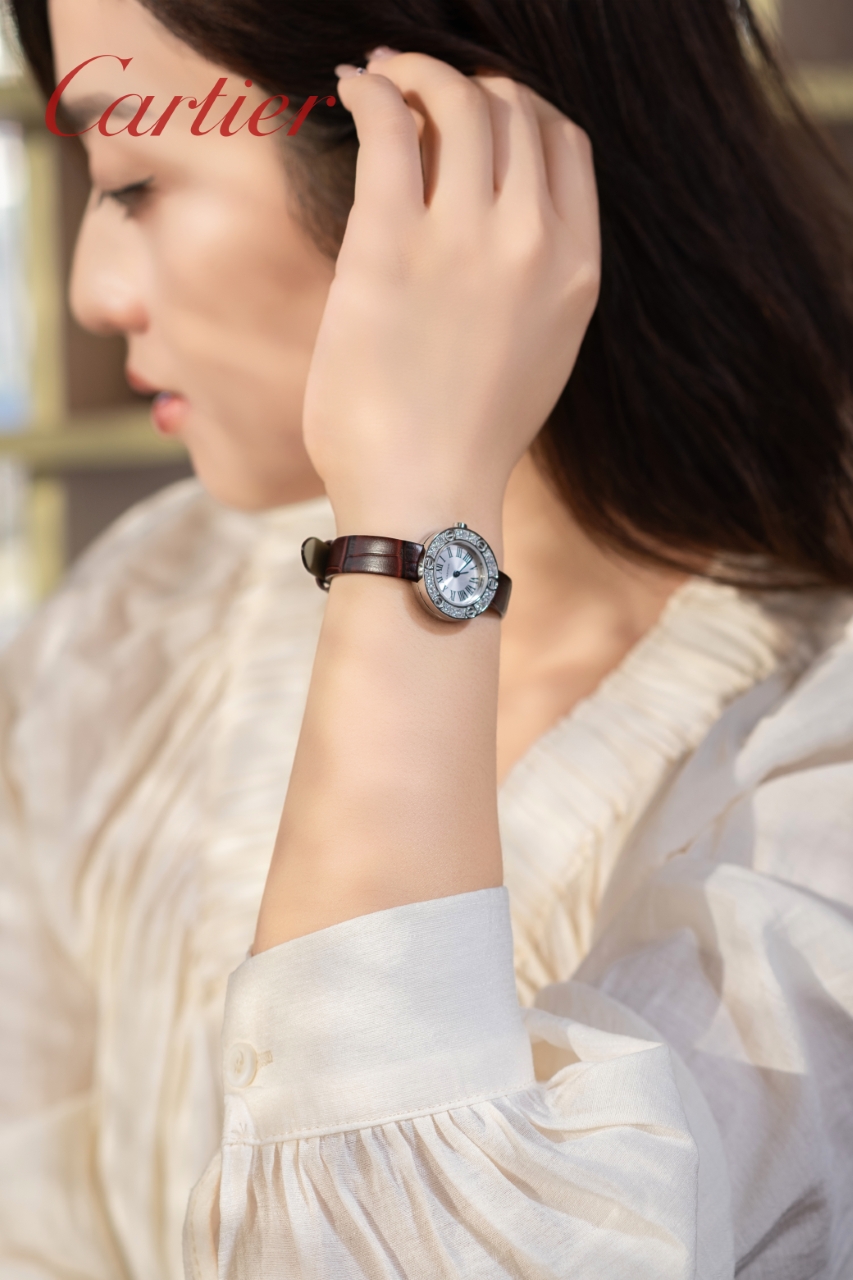 Cartier Ballon Bleu de Cartier stainless steel case and bezel, silver dial, brown leather strap 33mm Women's Automatic