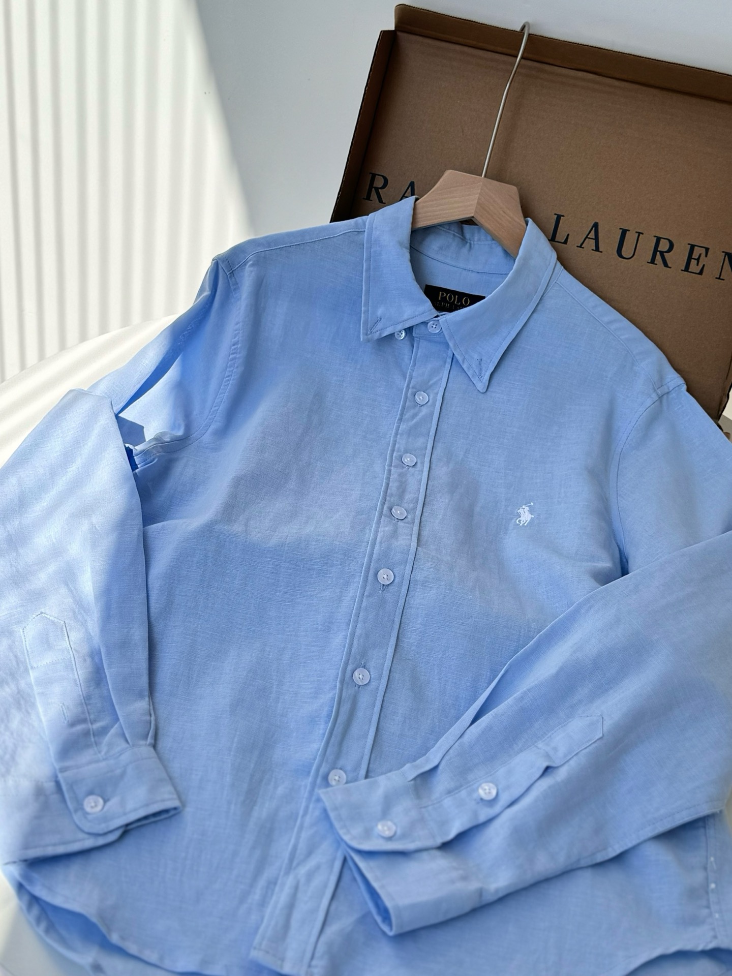 Женская рубашка Polo Ralph Lauren из хлопка и льна, голубая