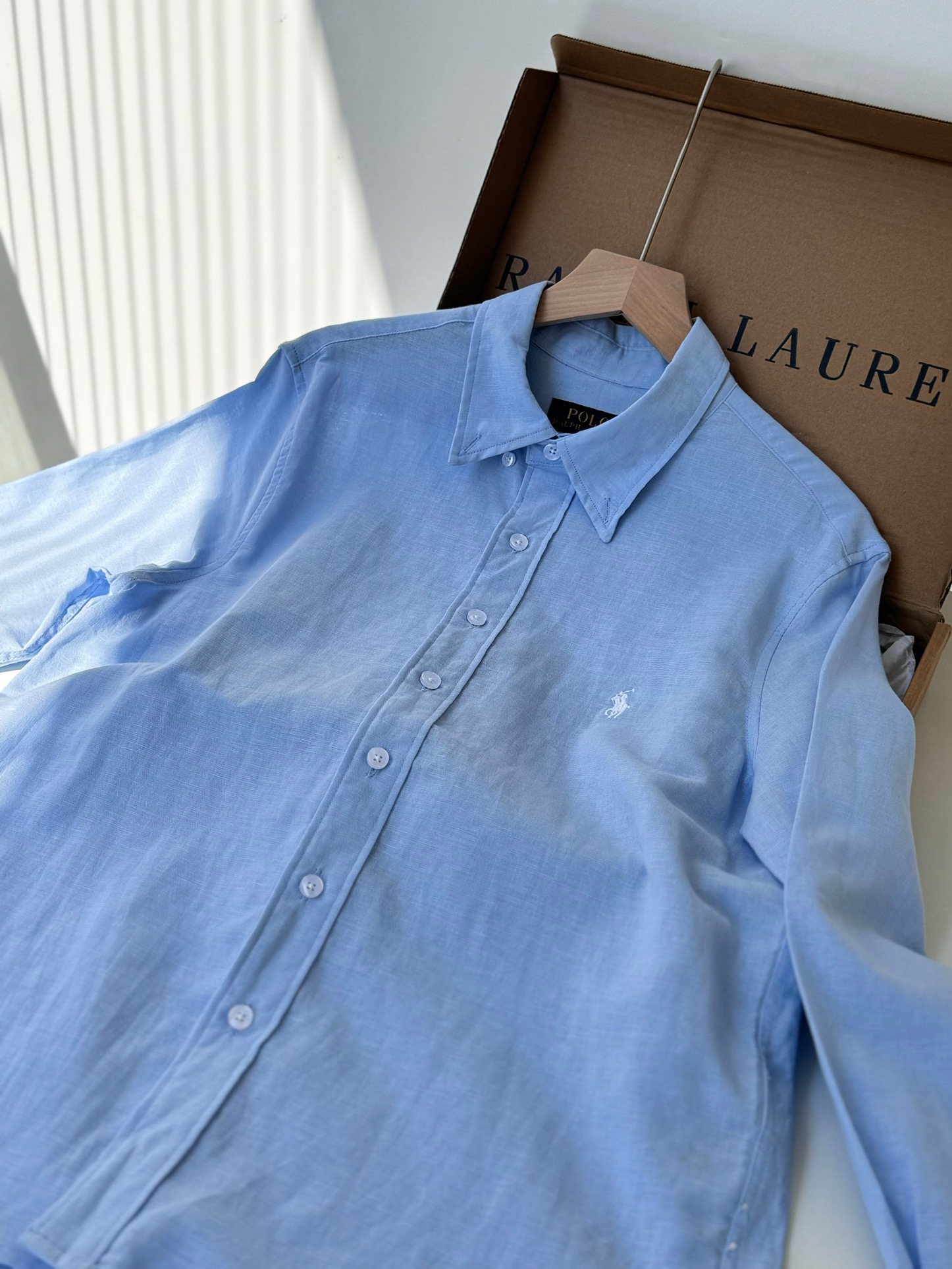 Женская рубашка Polo Ralph Lauren из хлопка и льна, голубая