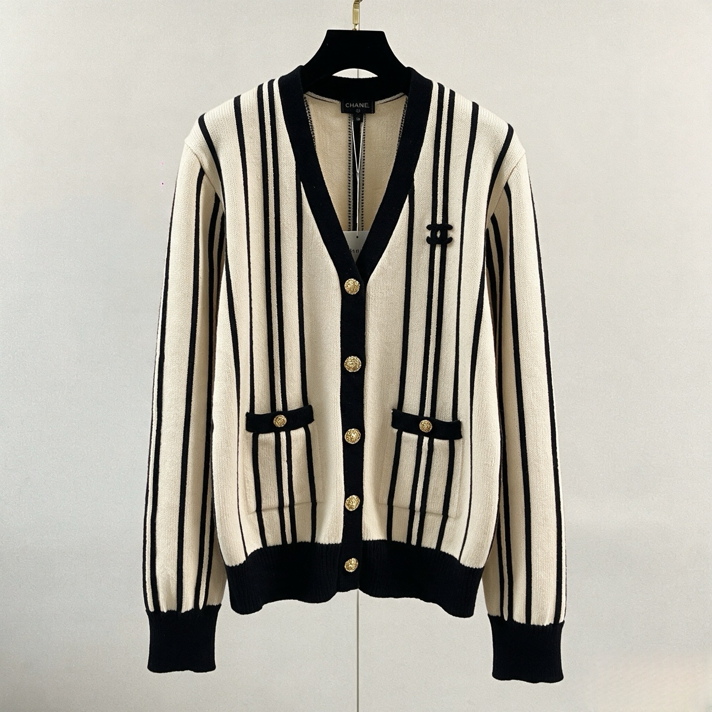 chanel vertical stripe v neck cardigan
