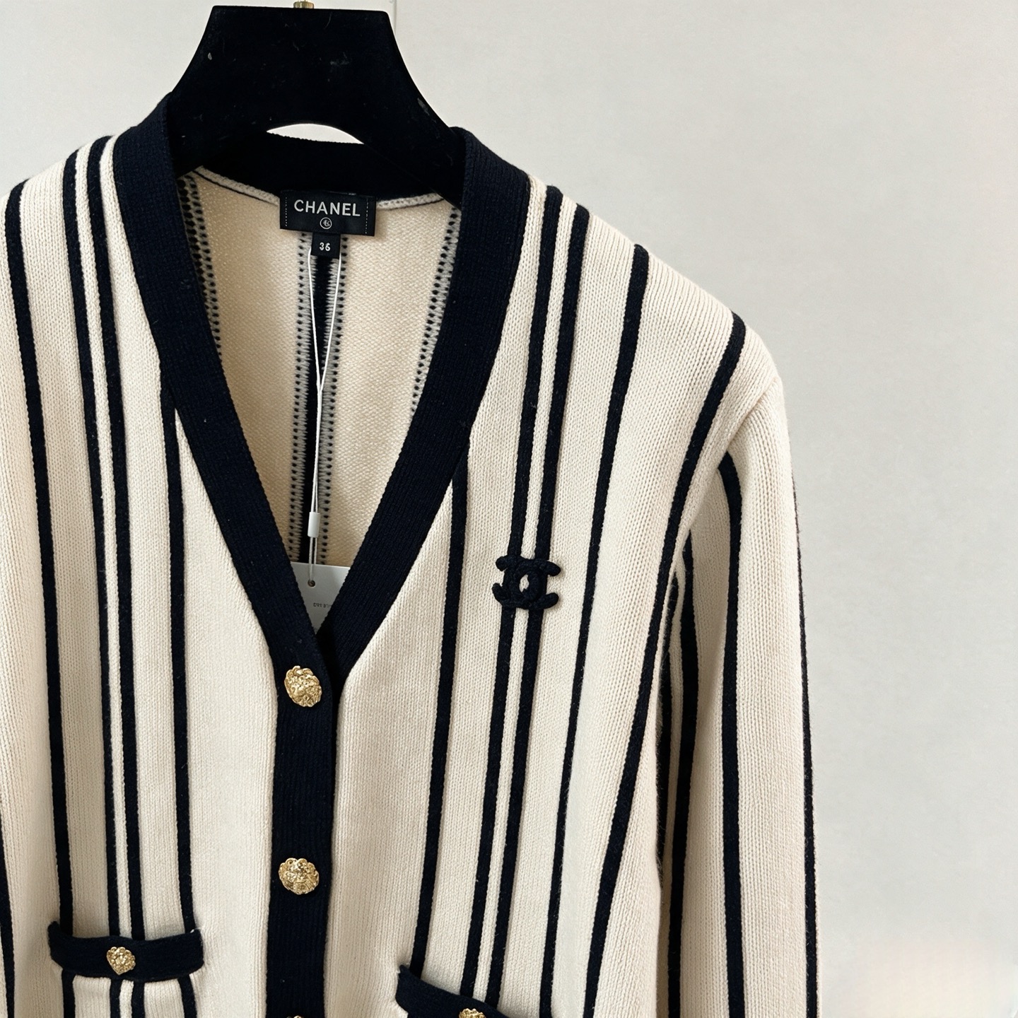 chanel vertical stripe v neck cardigan