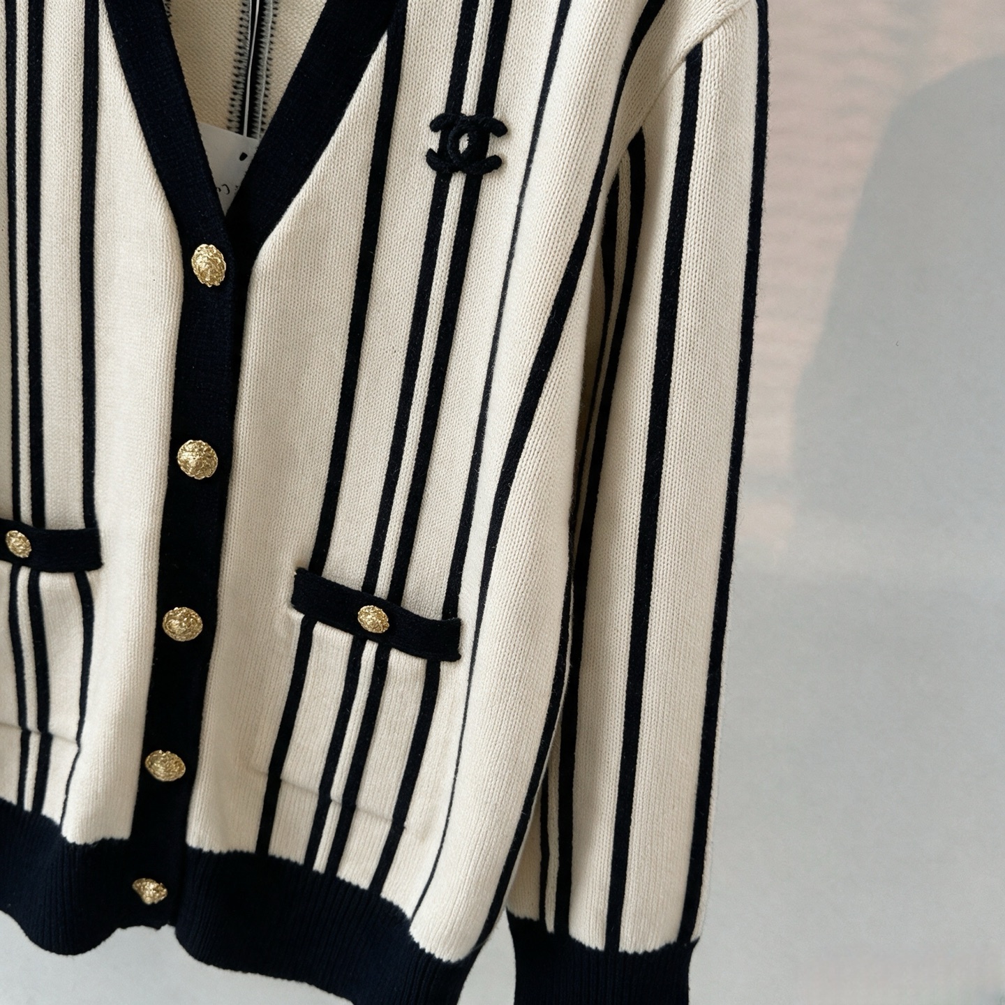 chanel vertical stripe v neck cardigan