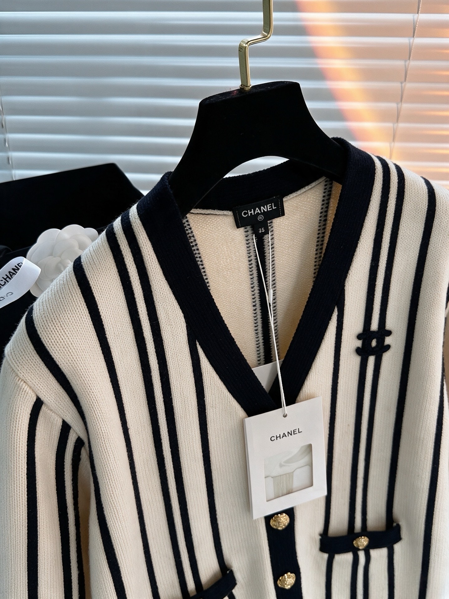 chanel vertical stripe v neck cardigan