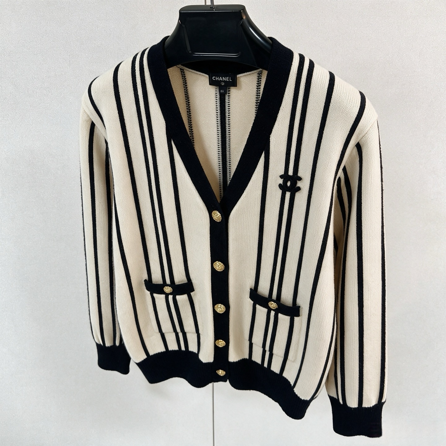 chanel vertical stripe v neck cardigan