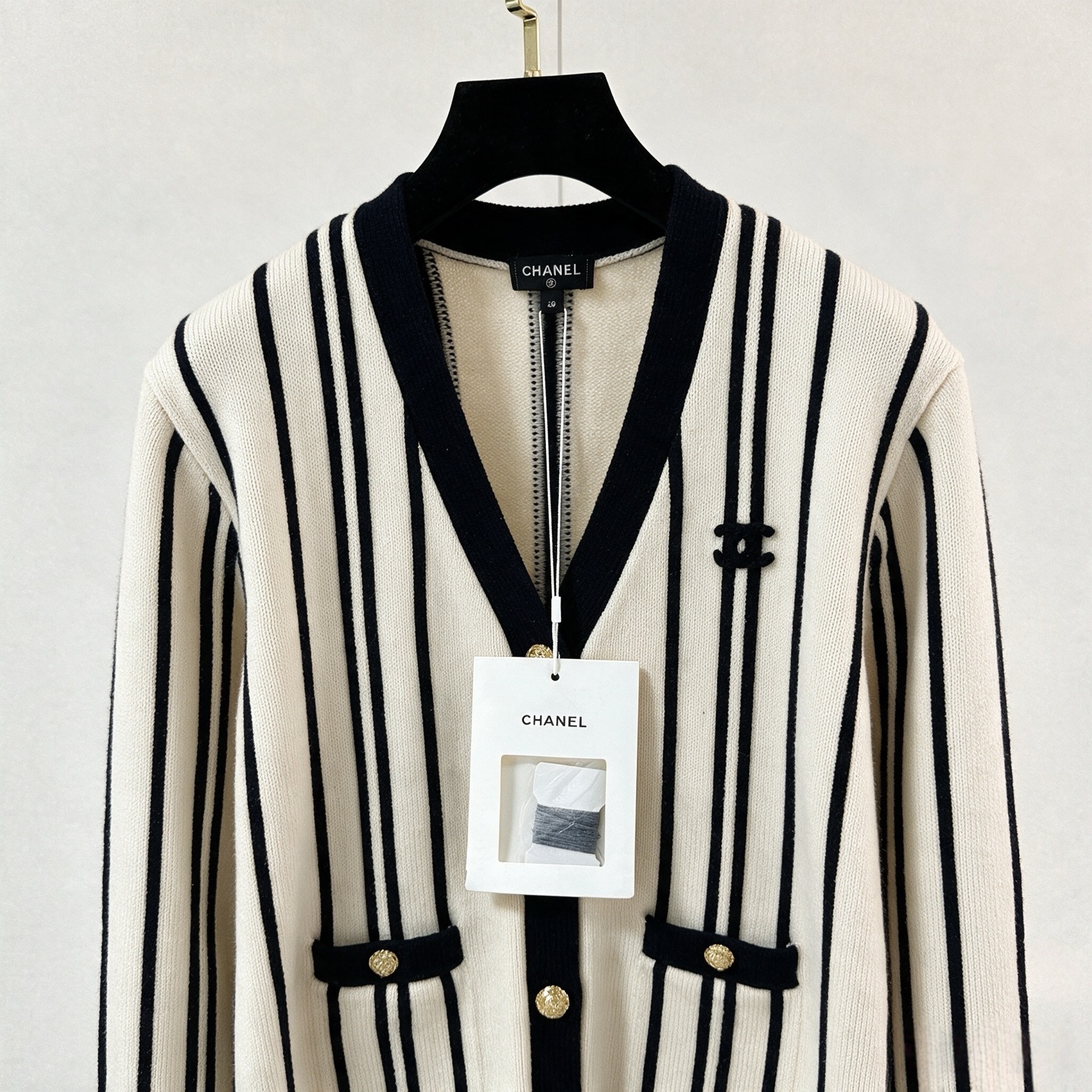 chanel vertical stripe v neck cardigan