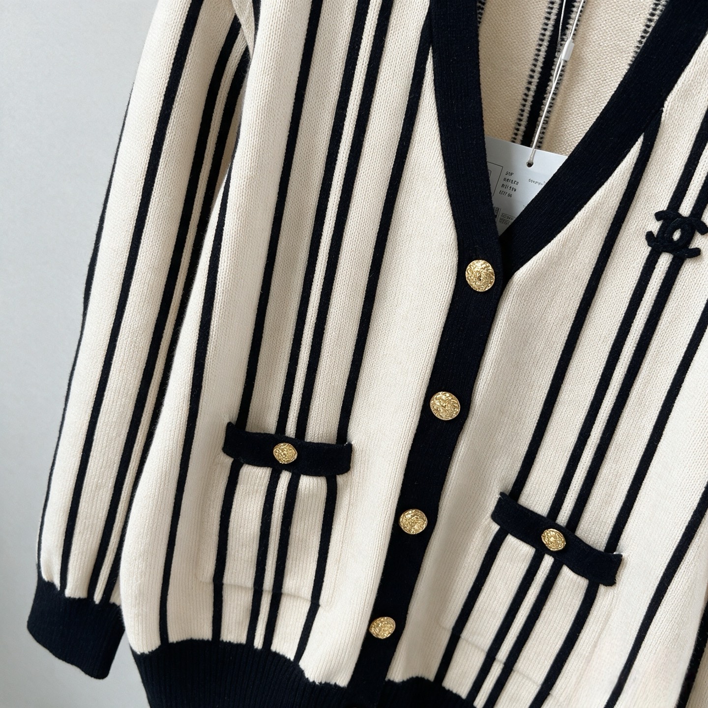 chanel vertical stripe v neck cardigan
