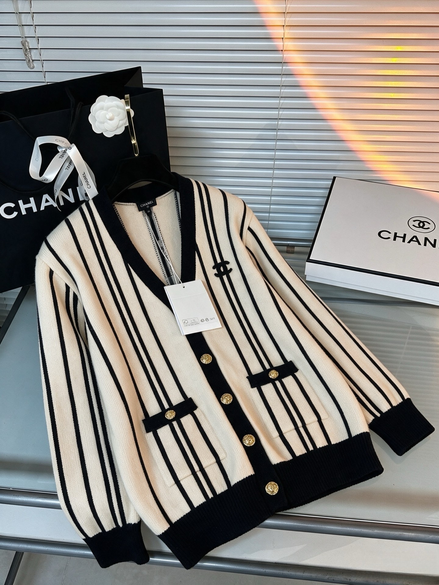 chanel vertical stripe v neck cardigan