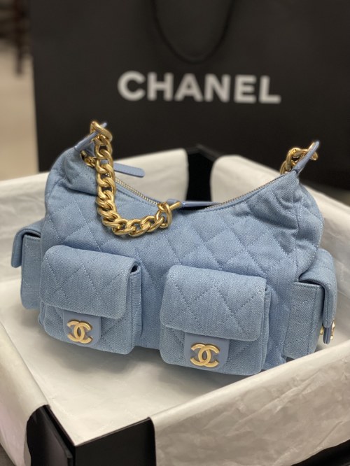 Chanel Denim Hobo Bag - Early Spring Collection with Unique Dual Pocket Design 1 Chanel Denim Hobo Bag - Early Spring Collection with Unique Dual Pocket Design