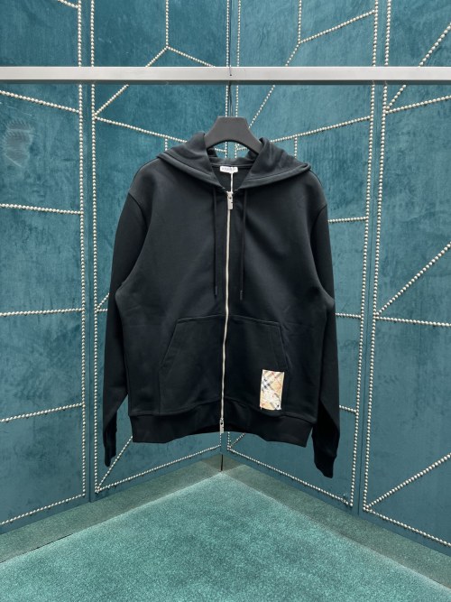 Burberry Men's Black Fleece Zip-Up Hoodie with Check Patch Detail 1 Burberry Men's Black Fleece Zip-Up Hoodie with Check Patch Detail
