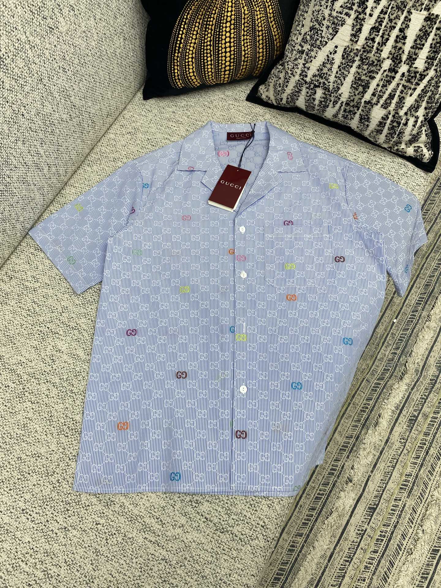 Gucci Striped Cotton Shirt with Multicolor GG Logo Details - Short Sleeve 1 i1751872800001 9074 0 0