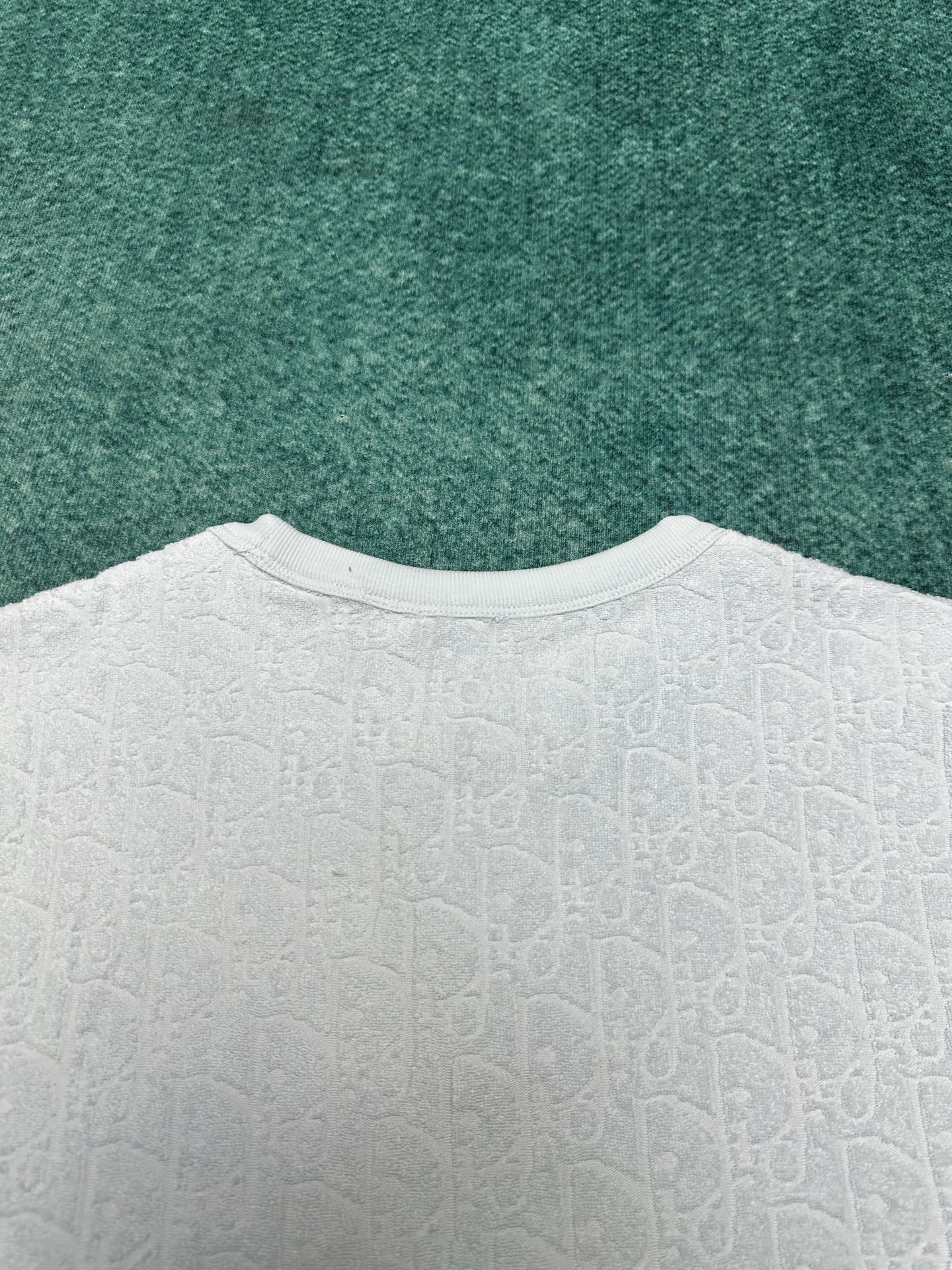 迪奥 25ss新款浅蓝色棉质毛圈面料 T 恤饰以同色调提花图案，致敬经典的 Oblique 印花。罗纹圆