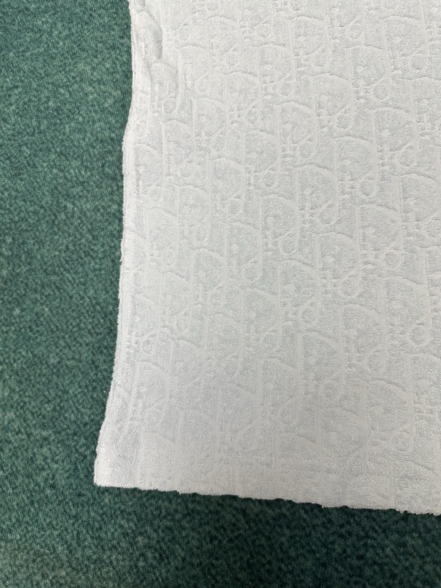 迪奥 25ss新款浅蓝色棉质毛圈面料 T 恤饰以同色调提花图案，致敬经典的 Oblique 印花。罗纹圆