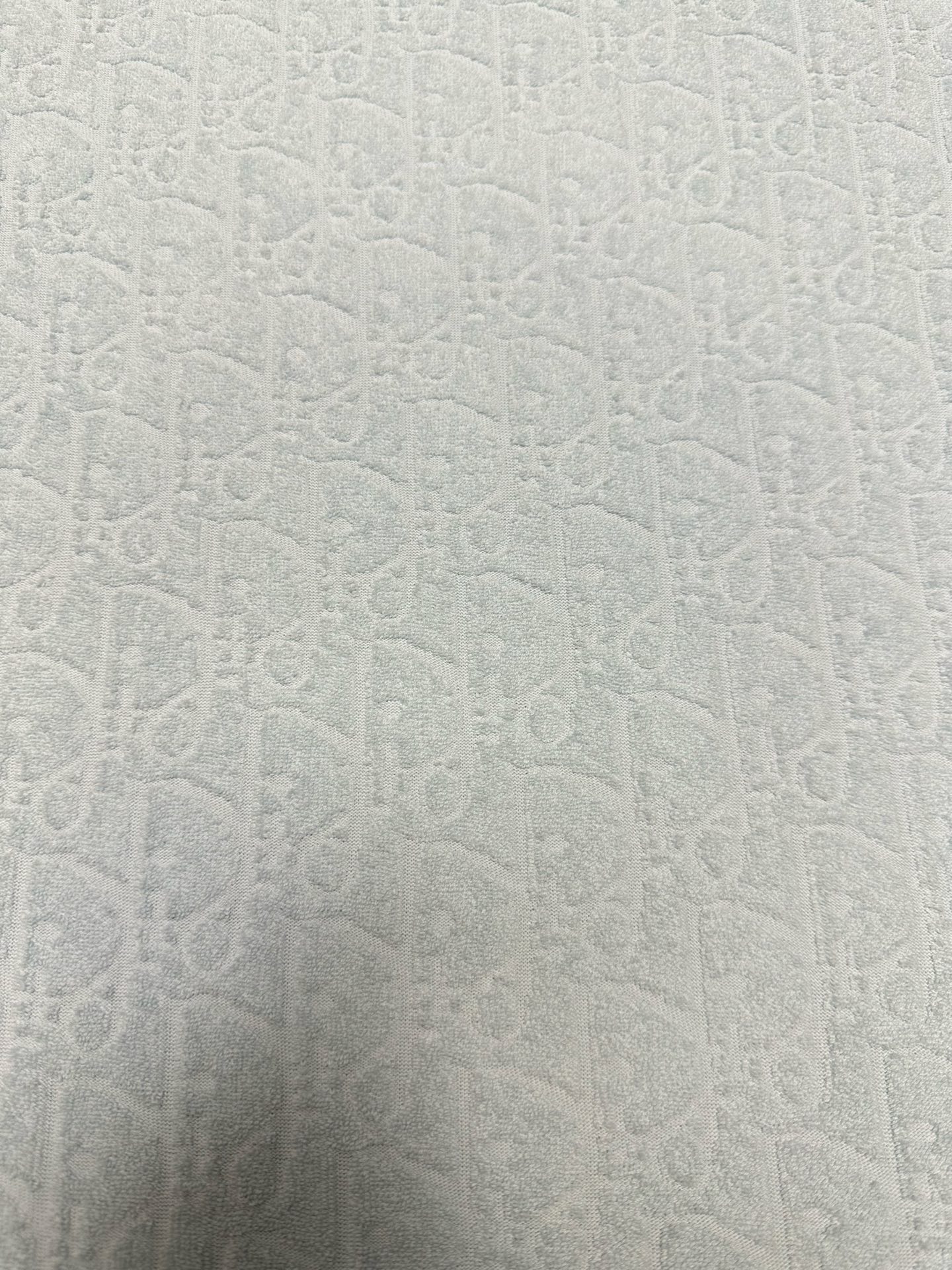 迪奥 25ss新款浅蓝色棉质毛圈面料 T 恤饰以同色调提花图案，致敬经典的 Oblique 印花。罗纹圆