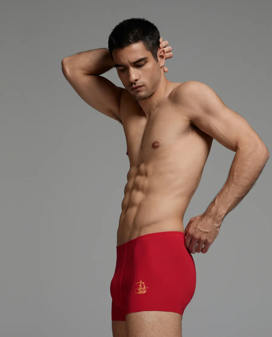 AI*R MEN鎏金开运红男士平角内裤三条装裤身左侧金色印字~寓意满满把幸运穿在身上