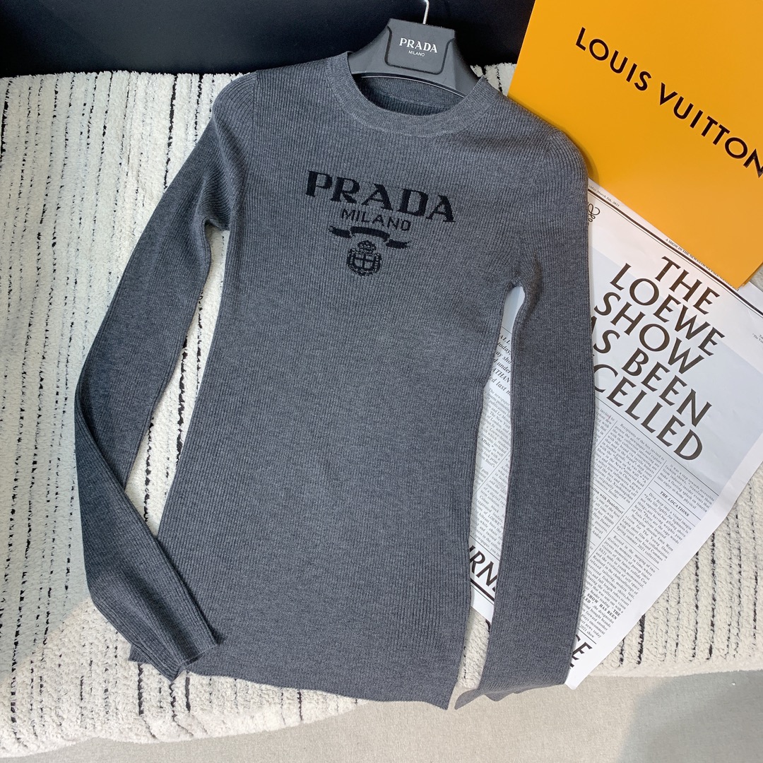 Prada Gray Logo Mock Neck Sweater