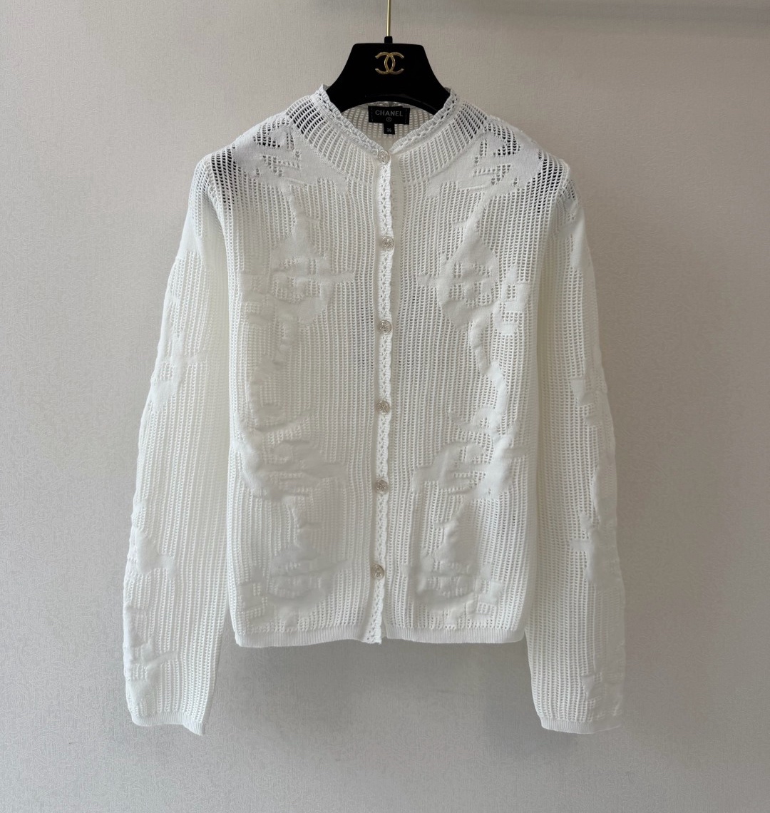 White Openwork Button Cardigan
